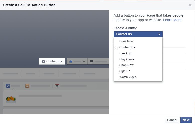 Facebook Call to action button options